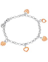 Unicornj Sterling Silver Childrens Bracelet with Orange Striped Heart Charms