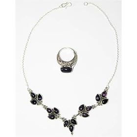 Necklace Set with Ring Sterling Silver and Amethyst Gemstones Handmade Indian... by ShalinCraft