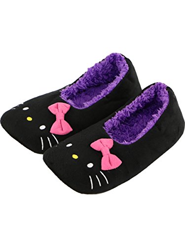 Hello Kitty - Womens Kitty Face Inner Fuzzy Fleece House Slippers Black