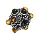 Sterling Silver Pandora Style Beads Honey Amber Victorian Round Charm