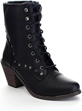 BOLARO BD6568 Women's Stylish Lace Up Studs Mid Calf Boots, Color:BLACK, Size:8