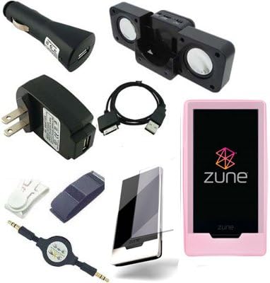 Ultimate Premium Accessory Bundle Combo for Microsoft Zune HD 16GB / 32GB Series MP3 Player: Pink Silicone Skin Case Cover, USB 2in1 Data Sync Cable, USB Car Charger, USB Wall / Travel / AC Adapter Charger, 3.5mm Auxillary Retractable Cable, Belt Clip, Armband, Portable Foldable Speaker Dock, and a Screen Protector