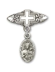 Sterling Silver Baby Badge with Our Lady of Czestochowa Charm and Badge Pin with Cross