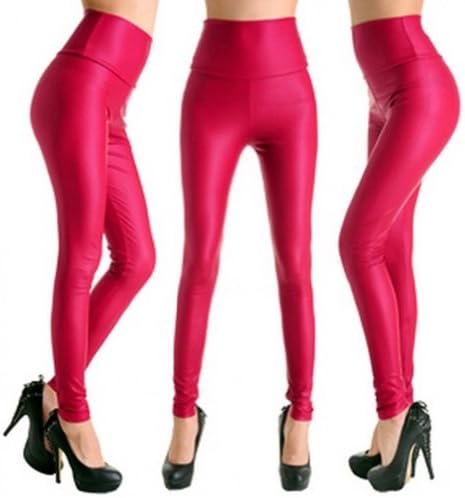Sexy shiny faux leather high waist tights leggings pants for women - Pink - S Size