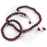 Red Satin-Finish 6mm Glass Pearl Necklace, Bracelet and Earring Set by Margot Townsend