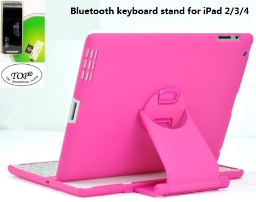 TOP Removable wireless bluetooth keyboard stand case for iPad, Latest Bluetooth keyboard cover for iPad 2/3/4, integrated wireless Bluetooth workstation for iPad (Hot Pink)