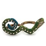 Green Enamel Crystal 'Snake' Double Finger Ring In Antique Gold Metal - Size 7/8