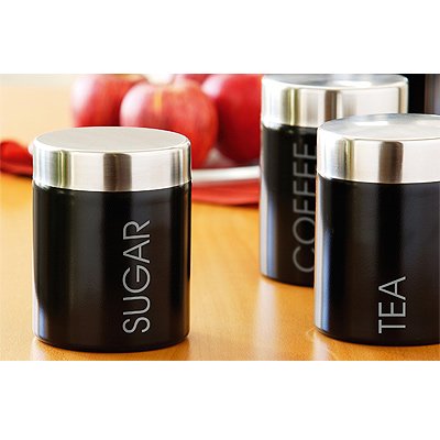 Premier Housewares Black Enamel Tea, Coffee and Sugar Canisters with Silver Lid and Word Detail, Set of 3