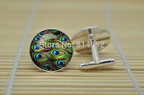 Pretty Lee Peacock Jewelry Cufflinks In Silver Glass Cabochon Cuff Links C0789