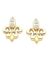 Pair of 14K Yellow Gold Diamond Fleur-de-Lis Earrings - 0.30 Ct. -- LIFETIME WARRANTY