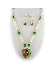 Murano Glass Orange Green Butterfly Heart Pendant Pearl Earrings Necklace Sterling Silver