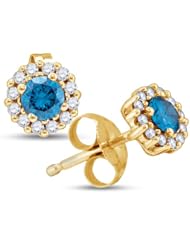 10K Yellow Gold Round Brilliant Cut Blue and White Diamond - Flower Shape Halo Channel Set Studs Earrings with Secure Push Back Closure - (1/2 cttw.)