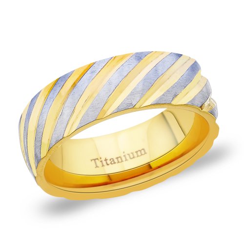 Peora Titanium Comfort Fit Grooved Women's Band Ring w/ Silver Golden Diagonal Stripes (TR122) (9)