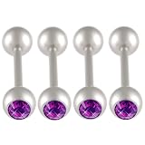 14g 14 gauge 1.6mm - 5 8 inch 16mm long - surgical steel tongue bars tounge nipple barbell rings balls with Swarovski Crystals Amethyst lot AIDO - Pierced Body Piercing Jewelry- Set of 4