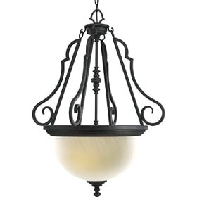 Progress Lighting P2834-80 Three-Light Meeting Street Hall and Foyer Fixture with Scrolled Metalwork and Antique Swirl Art Glass, Forged Black