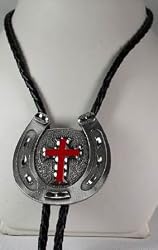 Red Cross w/Horseshoe Diamondcut  Pewter Religious Bolo Tie