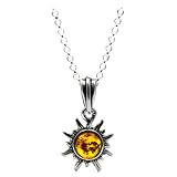 Certified Genuine Honey Amber and Sterling Silver Flaming Sun Very Small Pendant, 18"
