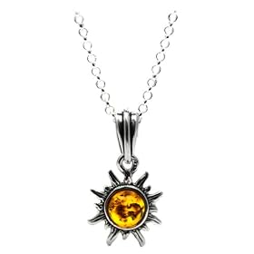 Certified Genuine Honey Amber and Sterling Silver Flaming Sun Very Small Pendant, 18"