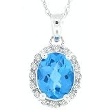 1.98ct Oval Blue Topaz and Diamond Gemstone Pendant in 10Kt White Gold w chain