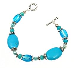 Bracelet - B51 - Handmade Genuine Turquoise Gemstone, Murano Glass, Fresh Water Pearl and Glass Beads ~ Toggle Closure
