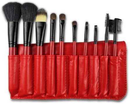 Fashion Century Lady - 10pcs Professional Cosmetics Makeup Brushes Set Kits with Snake Patterned Synthetic Leather Bag (10pcs X Brushes, Red)