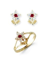 Childrens White Red CZ 14k Yellow Gold Flower Earring Ring Set