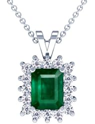 18K White Gold Emerald Cut Emerald And Round Diamond Pendant