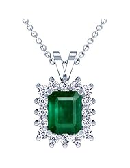 14K White Gold Emerald Cut Emerald And Round Diamond Pendant