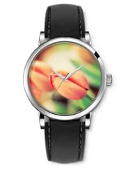 SPRAWL Aanalog Fashion Series Silver Ladies Watches of Genuine Black Leather Strap,Unique Wrist Watch for Women Girls Designed with Tulips orange