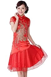 Satin Short Sleeves General Print Mandarin Collar Embroidered Vintage Wedding Party Dress 