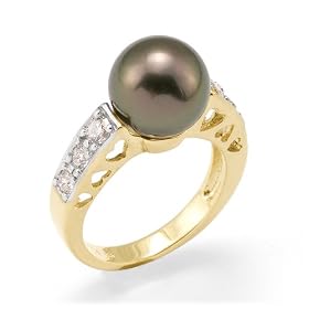 Tahitian Black Pearl Ring with Diamond in 14K Yellow Gold by Maui Divers of Hawaii