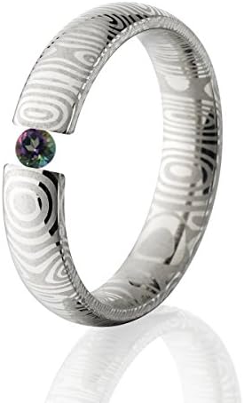 4mm Wide Mystic Topaz Ring, Damascus Steel Tension Set Rings