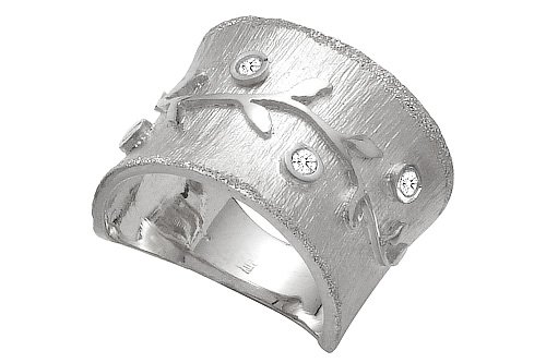 14K White Gold Hand-Crafted Matte-Finish Tree of Life Ring, Enhanced with Bezel Set Diamonds.