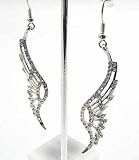 Beautiful Detailed Angel Wing Charm Dangle Earrings with Crystals Silver Tone