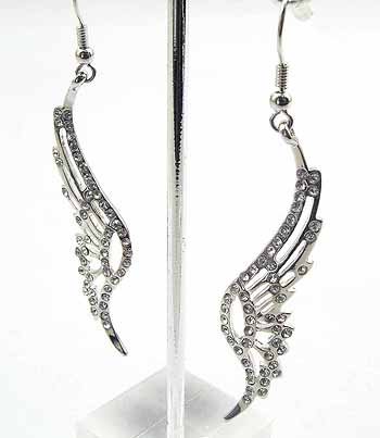 Click here to buy Beautiful Detailed Angel Wing Charm Dangle Earrings with Crystals Silver Tone.