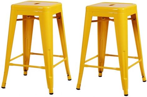 CHA143-4 Asense 24-inch High Backless Yellow 4 Legged Metal Barstools with Square Seat Indoor-outdoor Chair Counter Stool(set of 2)