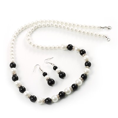 41FhQp9JyZL Long Glass Pearl Necklace And Earrings Set (Black&White)