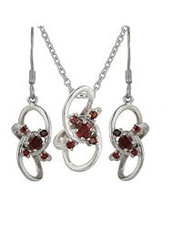 Sterling Silver Plain Links with Round Garnet Cubic Zirconia Earring and Pendant Set 16 inches chain