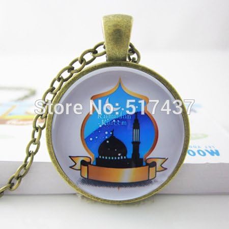 Lawrence Painting Art Pendant For Necklace Sliver Islamic Blue Mosque Muslim Religious Pendant Necklace Glass Photo Pendant Neckalce