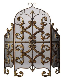 New CBK FIREPLACE SCREEN DEEP STAMPEDSCROLL PATTERN SCROLL FEET TRI-PANEL FOLD ANTIQUE COPPER/GOLD