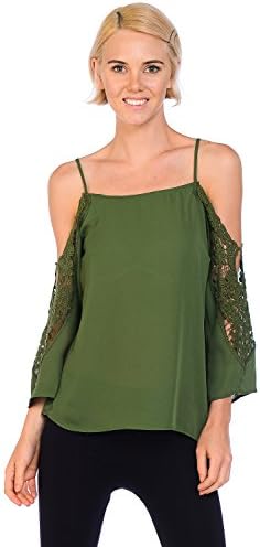 Klaxons LA Women's Crochet Trim Open Shoulder Top (Large, Olive)