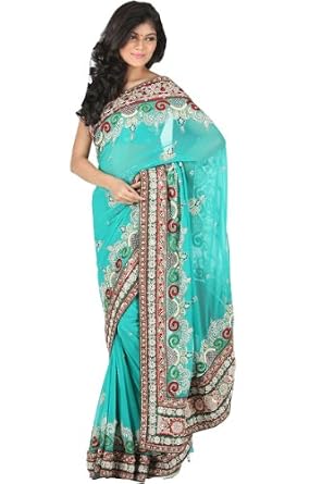 Peacocks Clothing : Robin Blue Pure Georgette Embroidered Party and Festival Saree Best Price