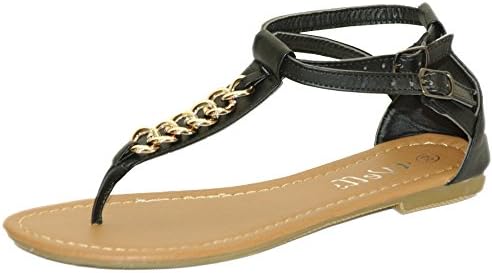 Wells Fountain Women's Chain Detail T-Strap Ankle Wrap Sandals (8.5 B(M) US, Black)