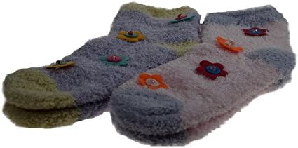 2 Pairs of Ladies Flower Snuggle Bed Socks Soft Fleecy Loungewear UK 4 - 6 (Pastel Pink &amp; Lilac)