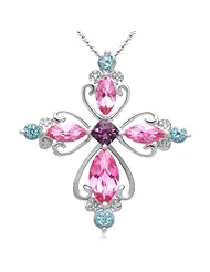Jewelili Art Deco Sterling Silver Cross Pendant with Genuine Multi Color Stones and Diamond. 18" chain included