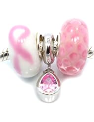 Pro Jewelry (Set of 3) .925 Sterling Silver / Murano Glass / Cubic Zirconia (Pink Ribbon Breast Cancer Awareness) Beads Also Fits Pandora Chamilia Kay Etc. Bracelet