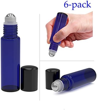 Sinospore Roller Metal Ball Refillable Glass Bottle Holder, Aromatherapy Essential Oil and Perfume Container Bottle and Holder, Medicated Oil Bottle Refill ( Set of 6) Cobalt Frosted Blue