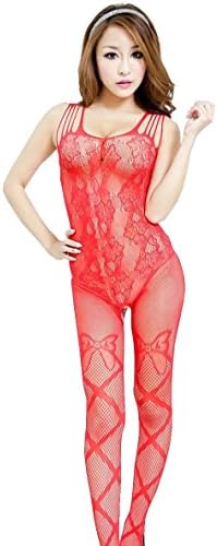 MEDY Women's Babydoll Bodysuits Fishnet Crochless Lingerie Stockings Red