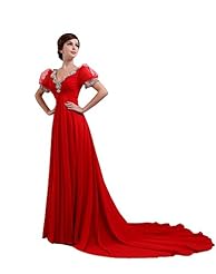 V-neck Chiffon Beaded Puff Sleeves Evening Dress  with a Court Train 