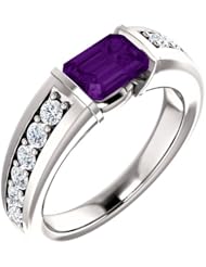 10K White Gold 7.00x5.00mm Emerald Cut Amethyst and Diamond Ring -- LIFETIME WARRANTY